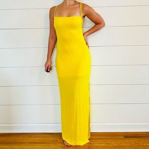 Mocking Jay Yellow Ribbed Lace-Up Maxi Dress